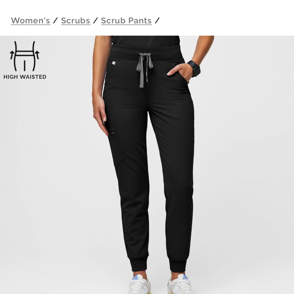 Figs High-Waisted Black Track Joggers with Gray Drawstring